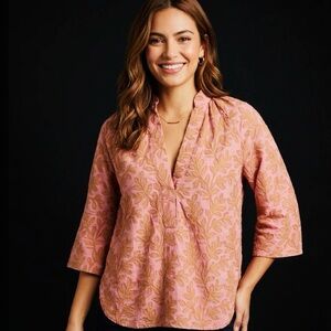Anthropologie Pink and Tan Floral Embroidered Tunic Top